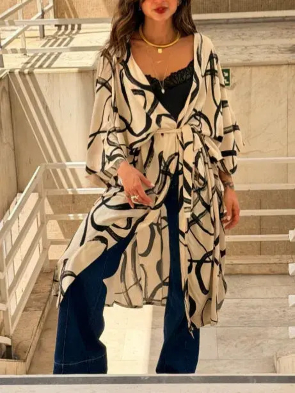 ZARA Printed Wrap Tie Batwing 3/4 Sleeve Long Top